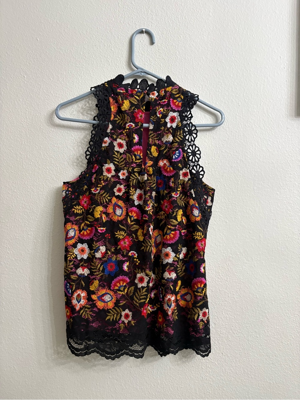 Maeve Black Floral Embroidered Lace-Trim Camisole